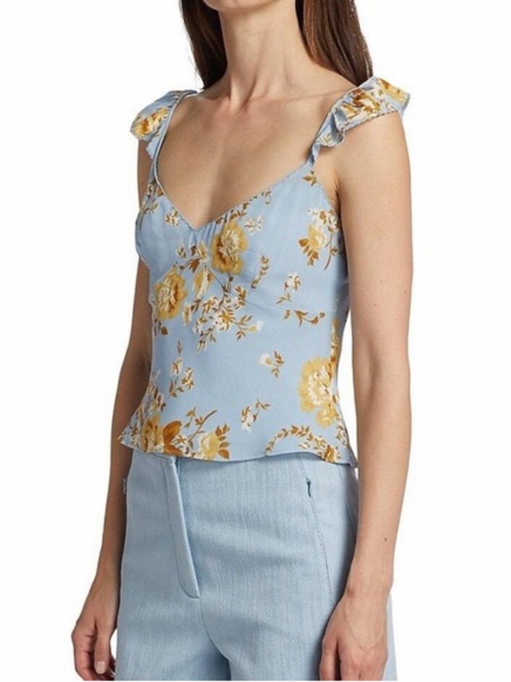 Reformation Light Blue Floral Ruffle-Strap Camisole